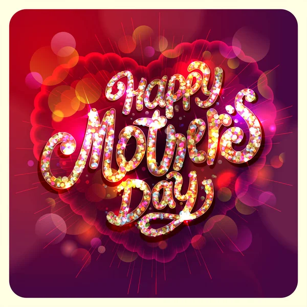 Altın Baloncuk Harfli Koyu Kırmızı Bokeh Işıklı Anneler Günü Kartviziti — Stok Vektör