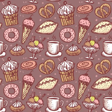 Pastalar ve tatlılar, güzel elle çizilmiş kusursuz vektör desenleri. Yemek sembolleri, klasik tarz.