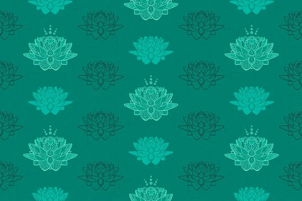 Lotus Flowers Seamless Pattern Calm Emerald Green Color Hand Drawn — Stock Vector