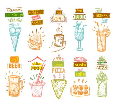 Dondurma, taze meyve suyu, sandviç, soğuk içecek, el yapımı bira, Çin yemeği, İtalyan pizzası, suşi ve rulo - menü için vektör grafik semboller, karalama tarzı