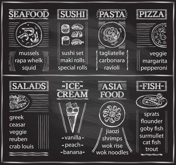 包含海鲜 意大利面 比萨饼 冰淇淋 亚洲菜和鱼肉 手绘病媒草图的黑板菜式菜单模板 — 图库矢量图片