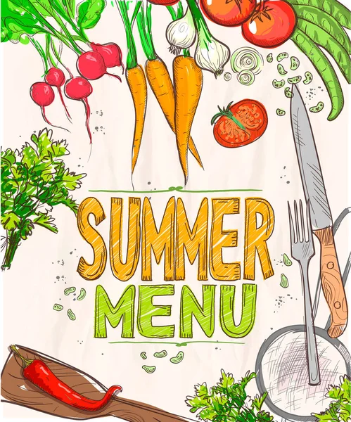 Summer Menu Poster Vector Template Raw Vegetables Kitchen Utensil Graphic — Stock Vector