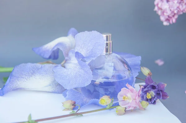 Frasco Perfume Círculo Violeta Fundo Violeta Pastel Mock Para Apresentação — Fotografia de Stock