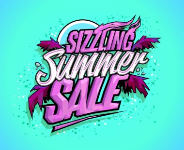 Sizzling summer sale vector banner template, tropical style design concept with palms leaves clipart
