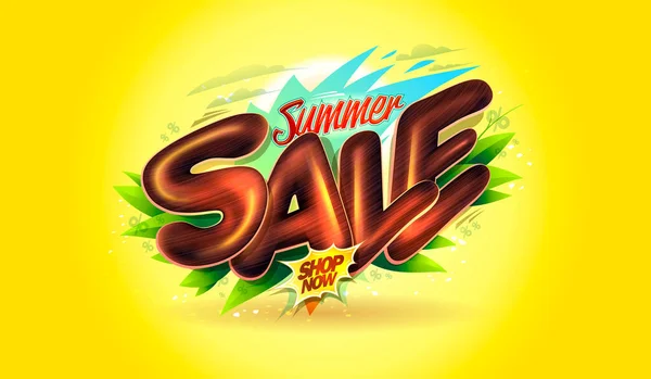夏の販売バナーやポスターベクトルモックアップ ヤシの葉 太陽と3Dレタリング 熱帯スタイル 夏のシーズンのショッピングプロモーションテンプレート — ストックベクタ