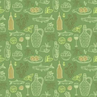 Akdeniz geleneksel gıda elementleriyle kusursuz desen - zeytinyağı, sebze, peynir, şifalı otlar ve deniz ürünleri. El çizimi grafik vektör illüstrasyonu.