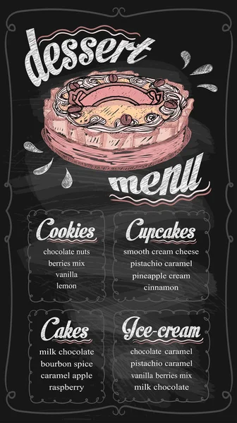 粉笔甜点菜单板向量模板 黑板菜单上有纸杯蛋糕 冰淇淋和饼干 案文的位置 — 图库矢量图片