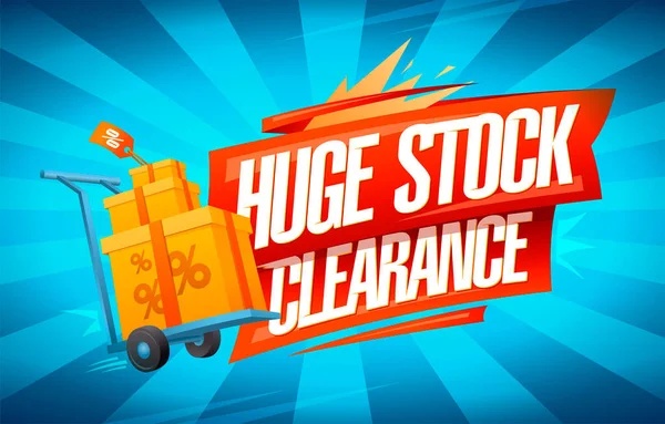 ショッピングカートと赤いリボンの箱と巨大な株式クリアランスベクトルポスターテンプレート — ストックベクタ