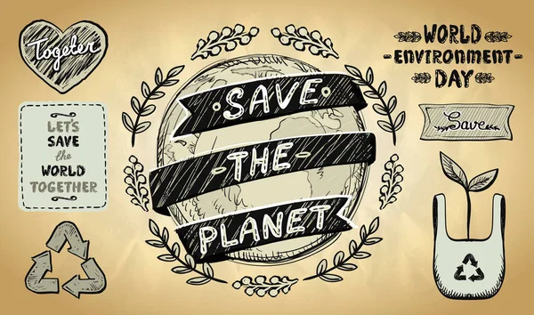 拯救地球 世界环境日 附有病媒元素和标志的手绘图形海报模板 没有塑料袋 清洁的地球 字母标语 生态概念 — 图库矢量图片