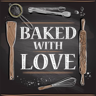 Elle çizilmiş çatal bıçaklı aşk karatahta taşıyıcı pankart şablonu ile pişirilmiş