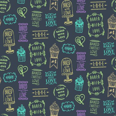 Aşk şablonuyla pişirilmiş vektör el çizimi elementler ve hamur işleri ve el çizimi harflerle.