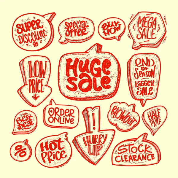 Doodle Style Sale Vector Symbols Labels Set Huge Sale Super — Stock Vector