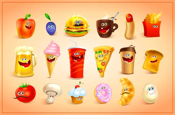 Funny Cartoon Food Icons Set Sweets Drinks Fast Food Characters — Stock Vector