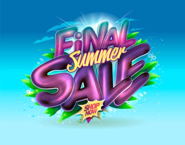 Final summer sale banner vector mockup with glossy 3D lettering against blue sky backdrop