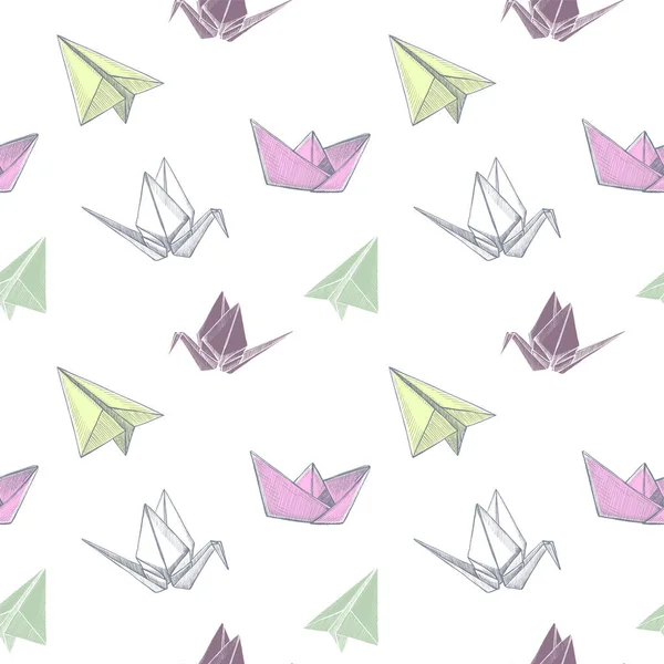 Modèle Modèle Sans Couture Avec Plan Origami Grue Bateau Illustration — Image vectorielle