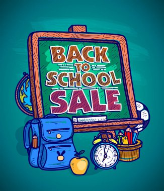 Okul satışı grafik panosuna, yeşil karatahta ve okul araçlarıyla poster ya da imza tasarım şablonuna, sanat el çizimi vektör ilüstrasyonuna