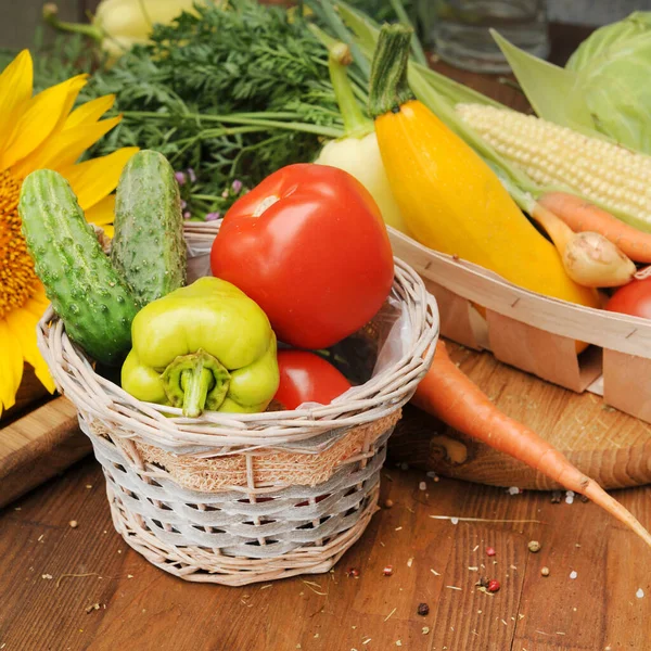 Produtos Hortícolas Bruto Cesta Conceito Eco Agricultura Biológica — Fotografia de Stock