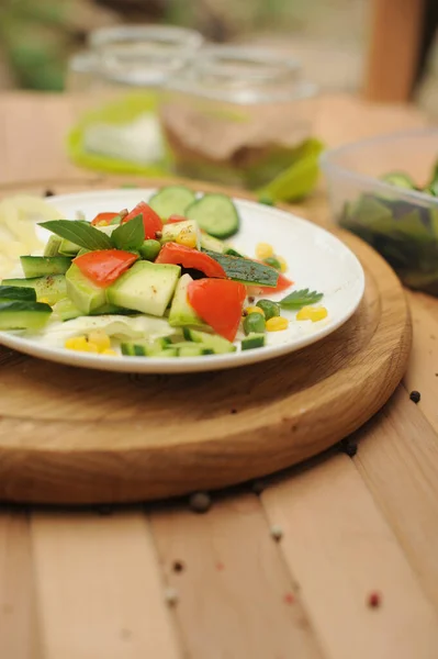 Summer Salad White Plate Outdoor Cafe — Stock Photo, Image