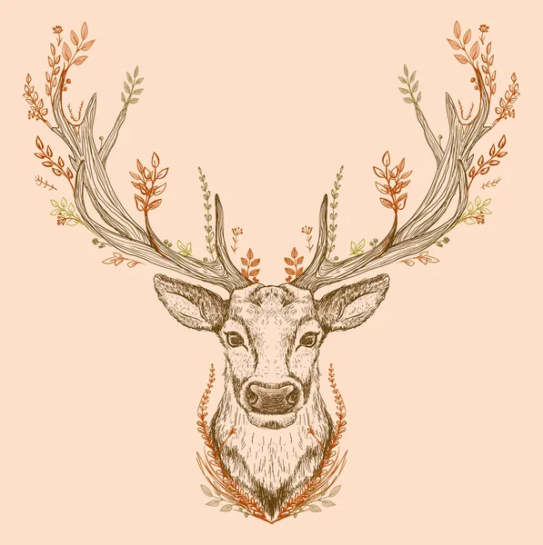 Spirit Forest Graphic Sketch Illustration Deer Portrait Big Antlers Autumn — Stock Vector