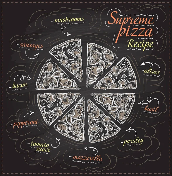 Supreme Pizza Rezept Kreide Stil Vektor Illustration Vorlage Auf Einer — Stockvektor
