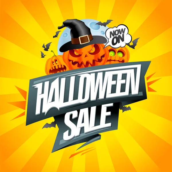 Halloween Verkauf Web Banner Vektor Design Mit Bösen Kürbissen Und — Stockvektor