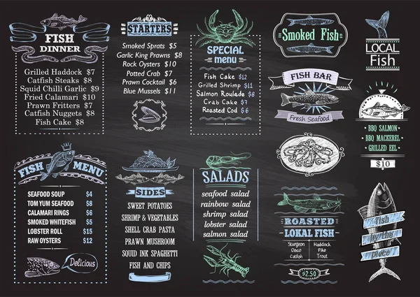 Pesce Menu Stile Gesso Scheda Modello Progettazione Vettoriale Illustrazione Grafica — Vettoriale Stock