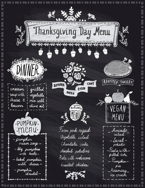 Thanksgiving Day Holiday Menu Chalkboard Dinner Pumpkin Vegan Menu Roasted — Stock Vector