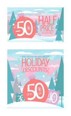 Yarı fiyatına, tatil indirimleri 50 'ye varan indirimler, yılbaşı indirimli vektör pankartları?