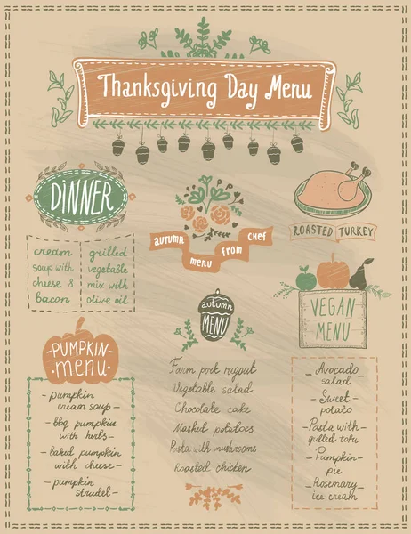 Happy Thanksgiving Day Holiday Menu Board Template Dinner Pumpkin Vegan — Stock Vector