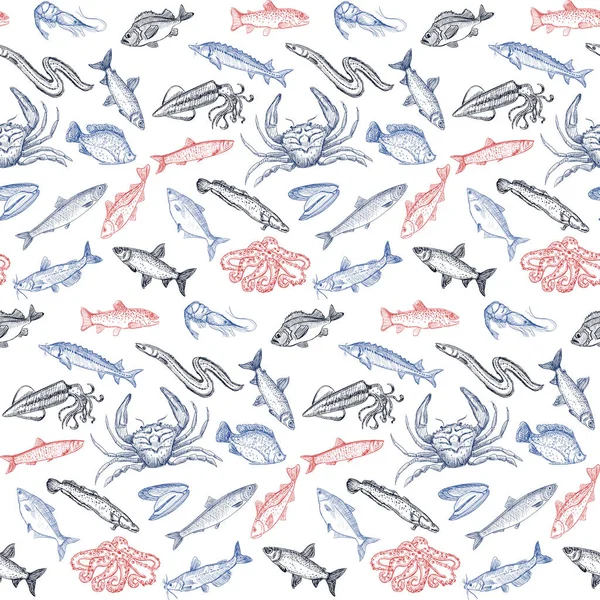 Motif Graphique Art Sans Couture Avec Poissons Fruits Mer Dessin — Image vectorielle