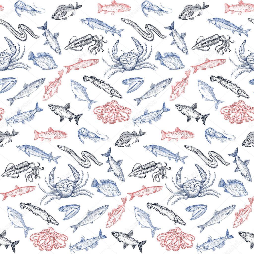 Art graphic seamless pattern with fish and seafood, vector sketch style hand drawn illustration suitable for textile and web backdrop