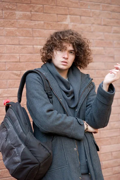 Young Smiling Handsome Man Curly Hairstyle Dressed Gray Jacket Standing — Stock Photo, Image