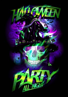 İçinde mistik cadı kafatası, davetiye kartı ya da internet afişi olan Cadılar Bayramı partisi posteri