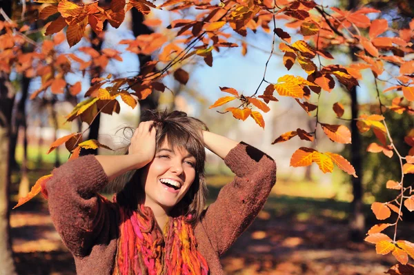 Retrato de mulher feliz no parque de outono . — Fotografia de Stock