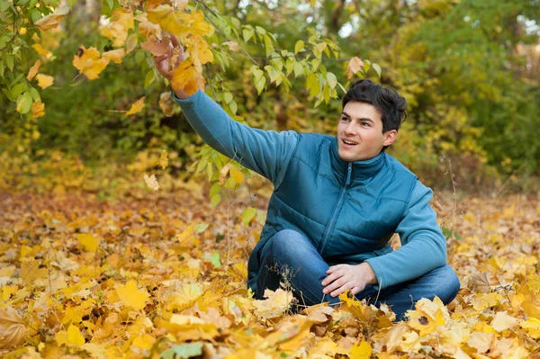 Happy guy siiting on autumn foliage in park. — Stock Photo, Image