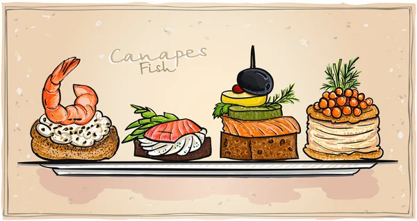 Канапе с морепродуктами с лососем, красной икрой и креветками . — стоковый вектор