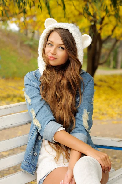 Woman dressed in cute hat with ears. — Stock Photo, Image