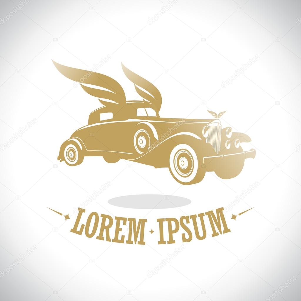 Gold retro car with wings logo.