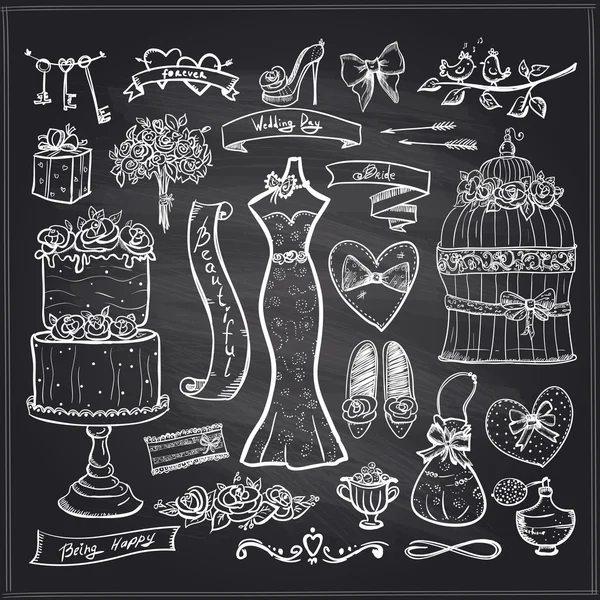 Tableau noir mariage éléments nuptiaux ensemble . — Image vectorielle