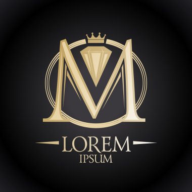Gold letter M with diamond and crown. clipart