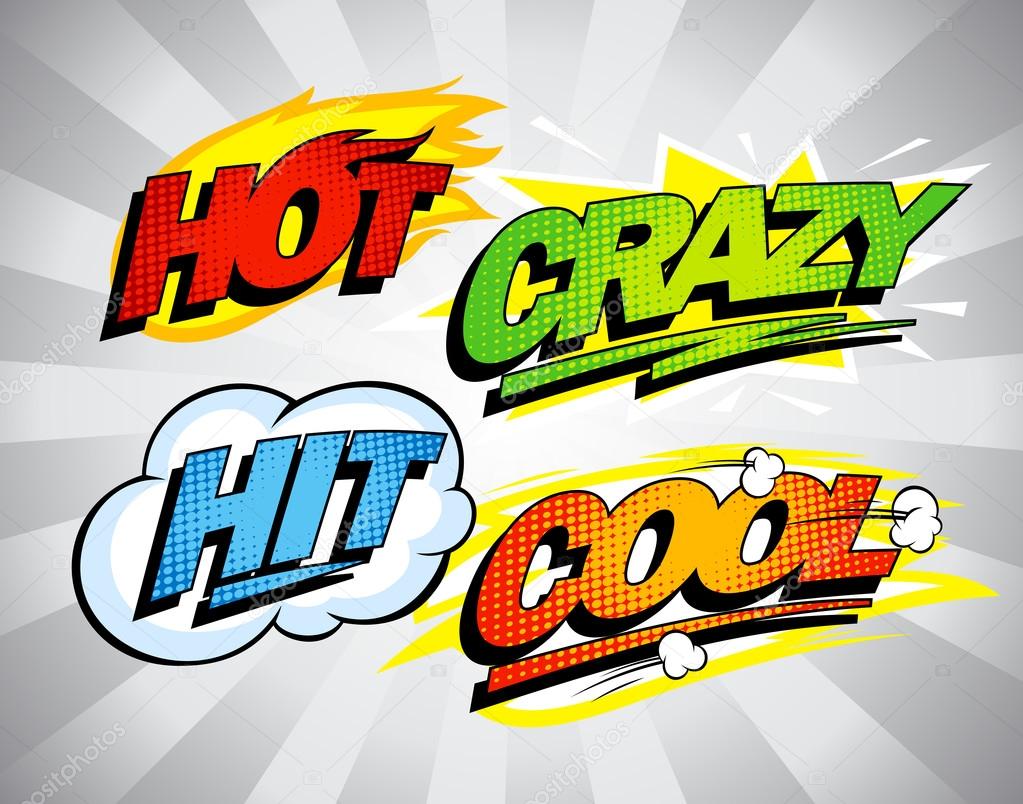 Hot, crazy, hit, cool pop-art symbols.
