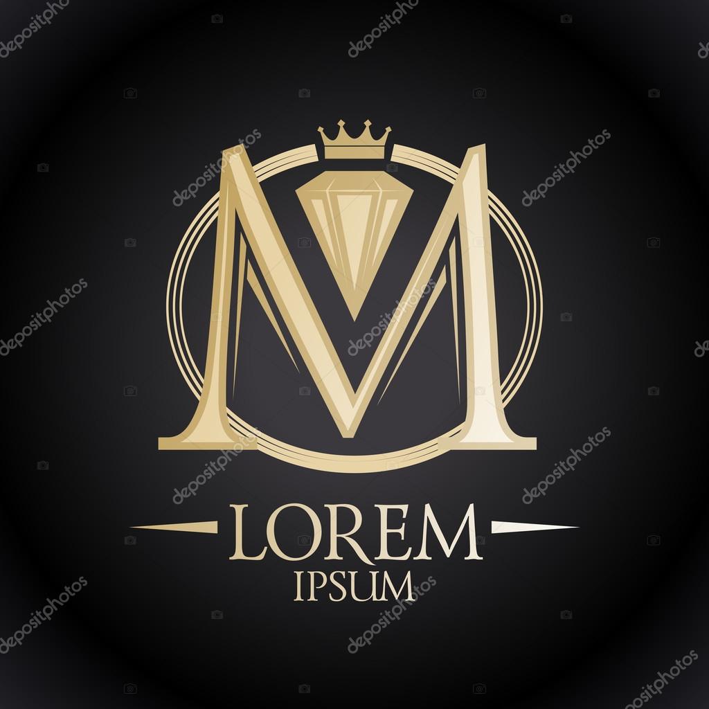 Elegant gold letter M with diamond and crown.