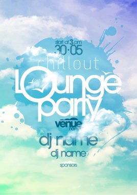 Chillout lounge party poster with sky backdrop.