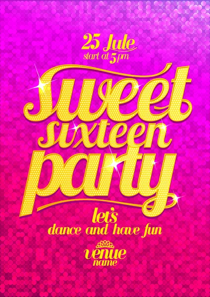 Sweet sixteen party fashion pink poster with gold letters. — Stock Vector