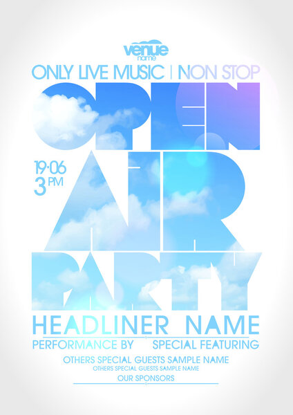 Open air party poster with text silhouette against sky.