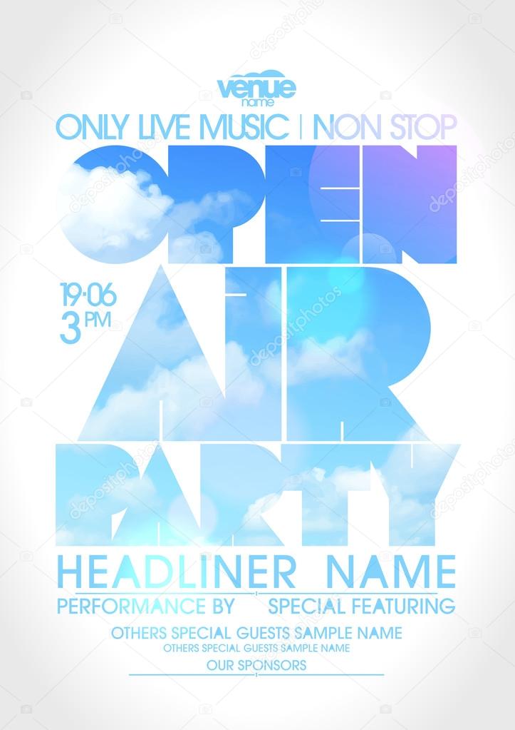 Open air party poster with text silhouette against sky.