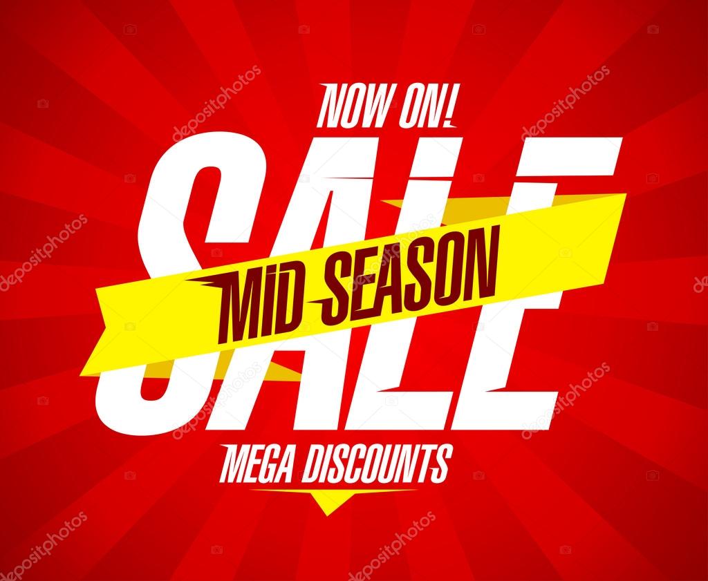 Mid season sale with ribbon and rays.