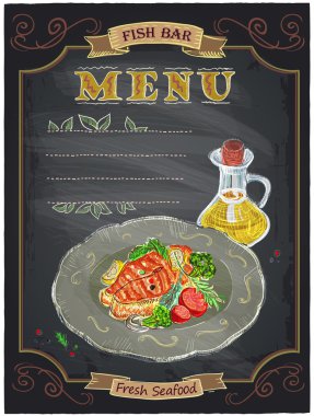 Balık bar menü işaretiyle plaka yazı tahtası üzerinde ızgara somon biftek.