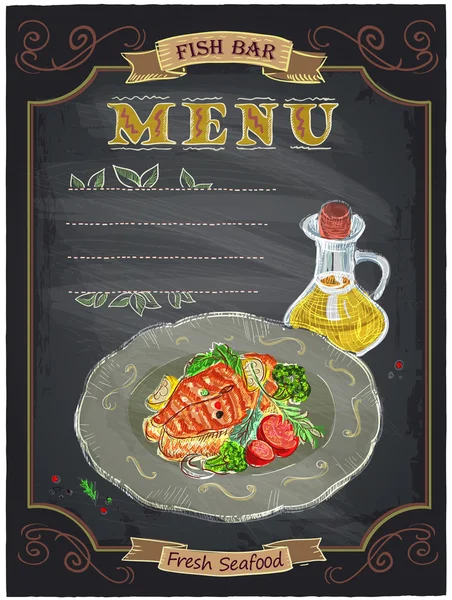 Sinal de menu de barra de peixe com bife de salmão grelhado em um quadro de pratos . — Vetor de Stock