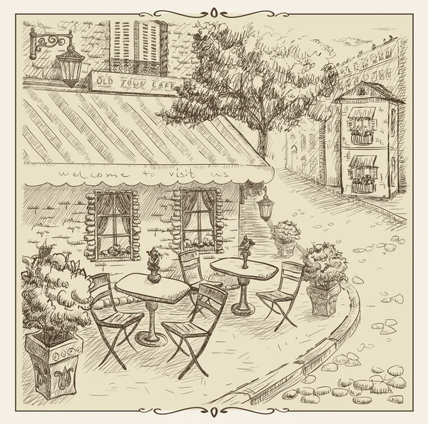 Illustrazione disegnata a mano, caffè di strada nel centro storico . — Vettoriale Stock
